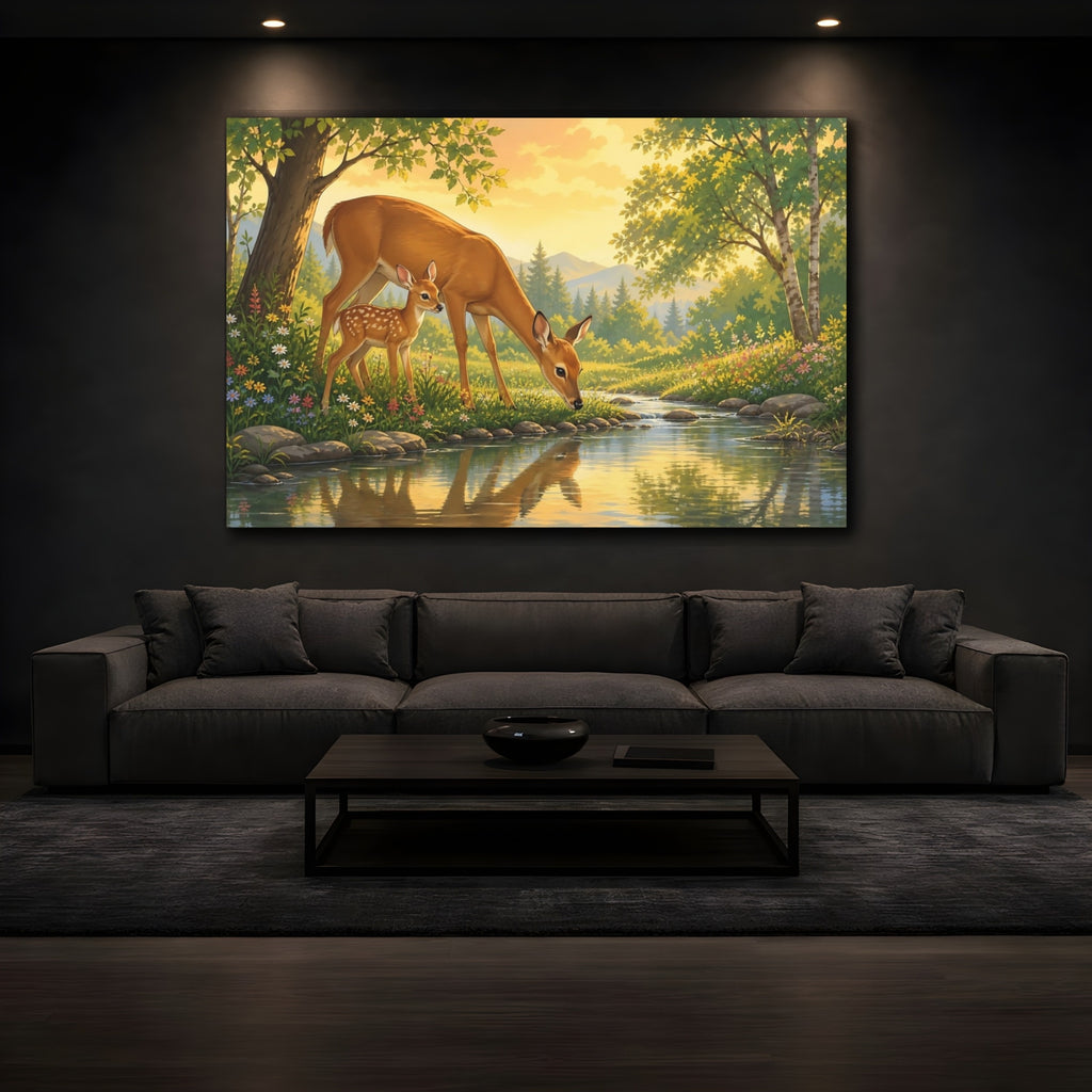 Mockup 3. Nature Deer Family Golden Forest Deer shown as canvas print