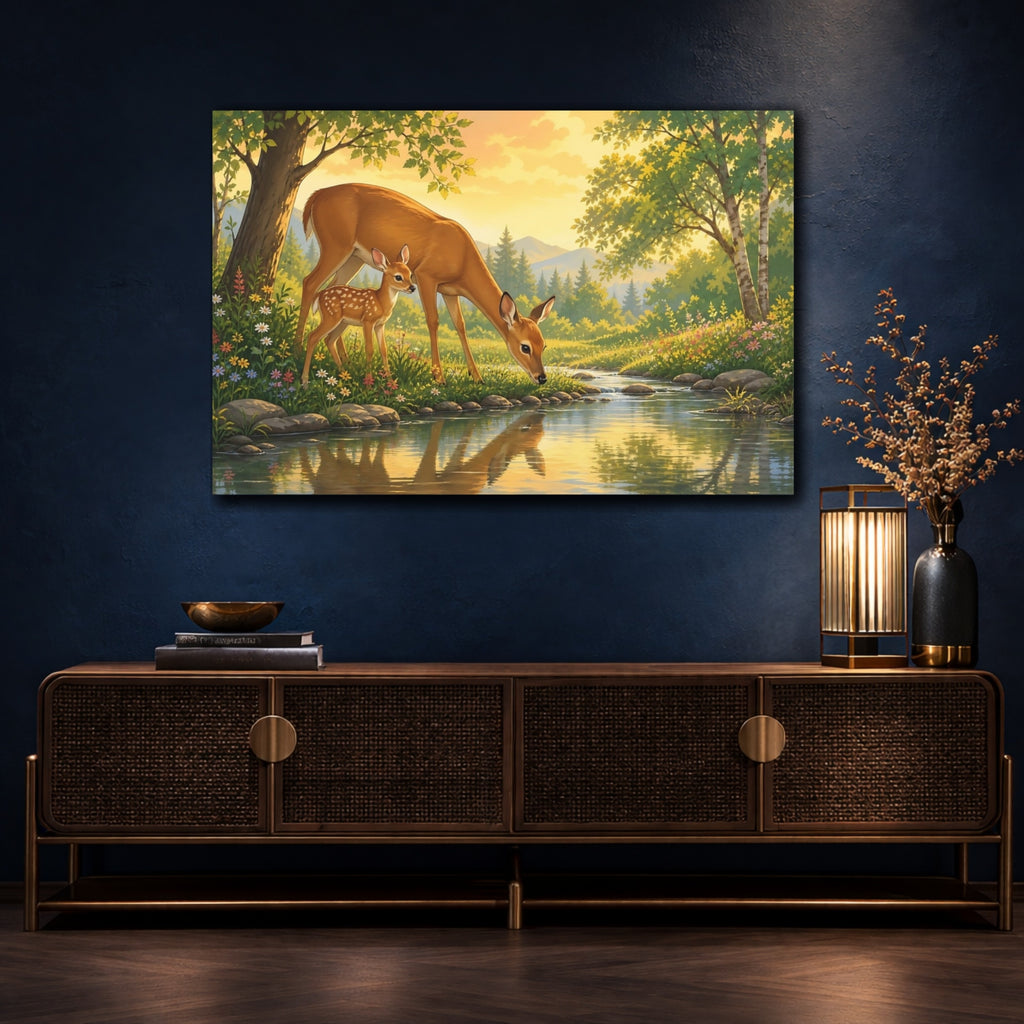 Mockup 4. Nature Deer Family Golden Forest Deer shown as canvas print