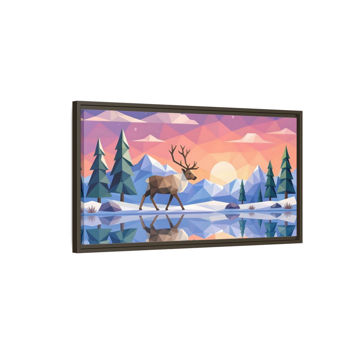 Main Mockup. Nature Deer Geometric Sunset Deer shown as stretched canvas wall art