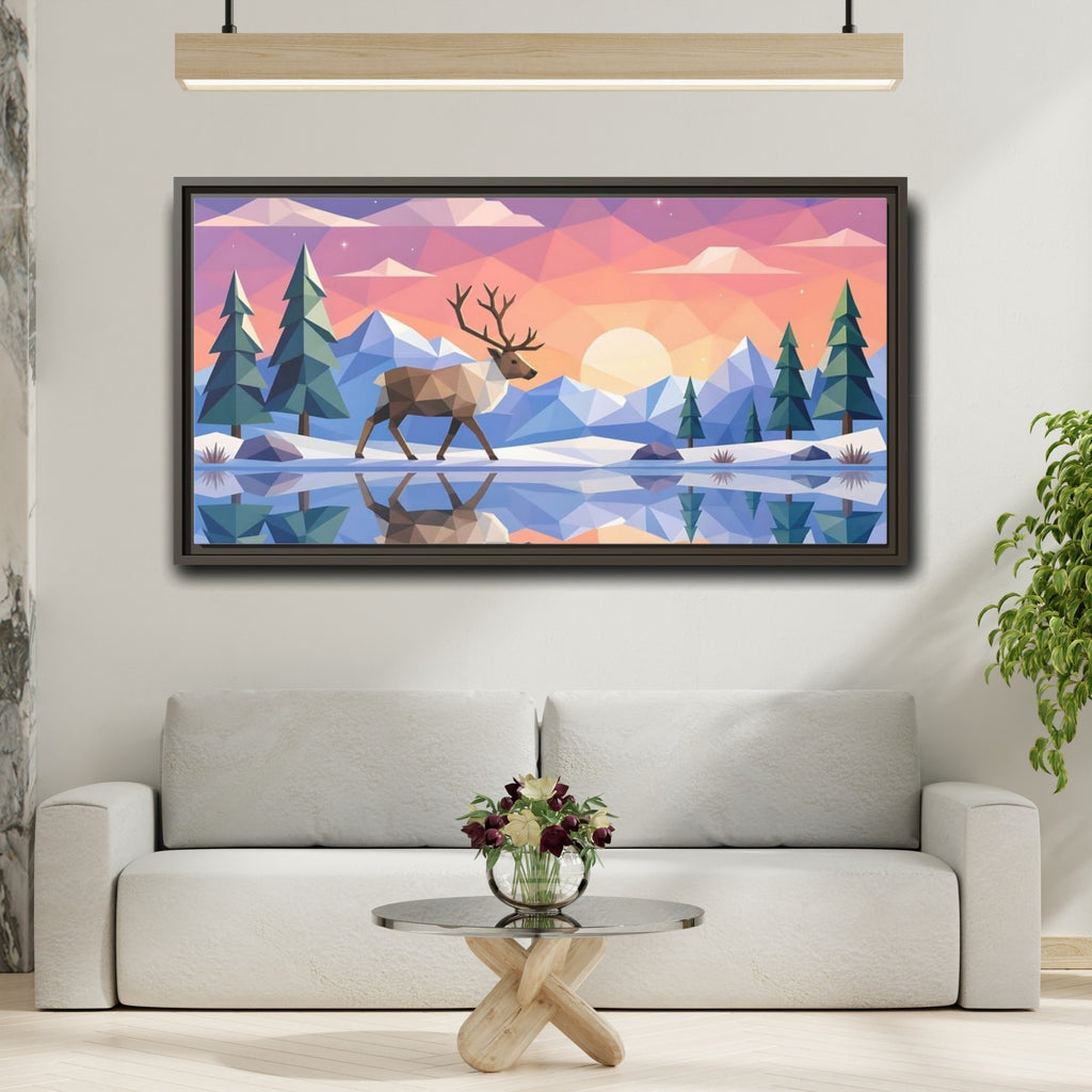 Mockup 2. Nature Deer Geometric Sunset Deer shown as stretched canvas wall art
