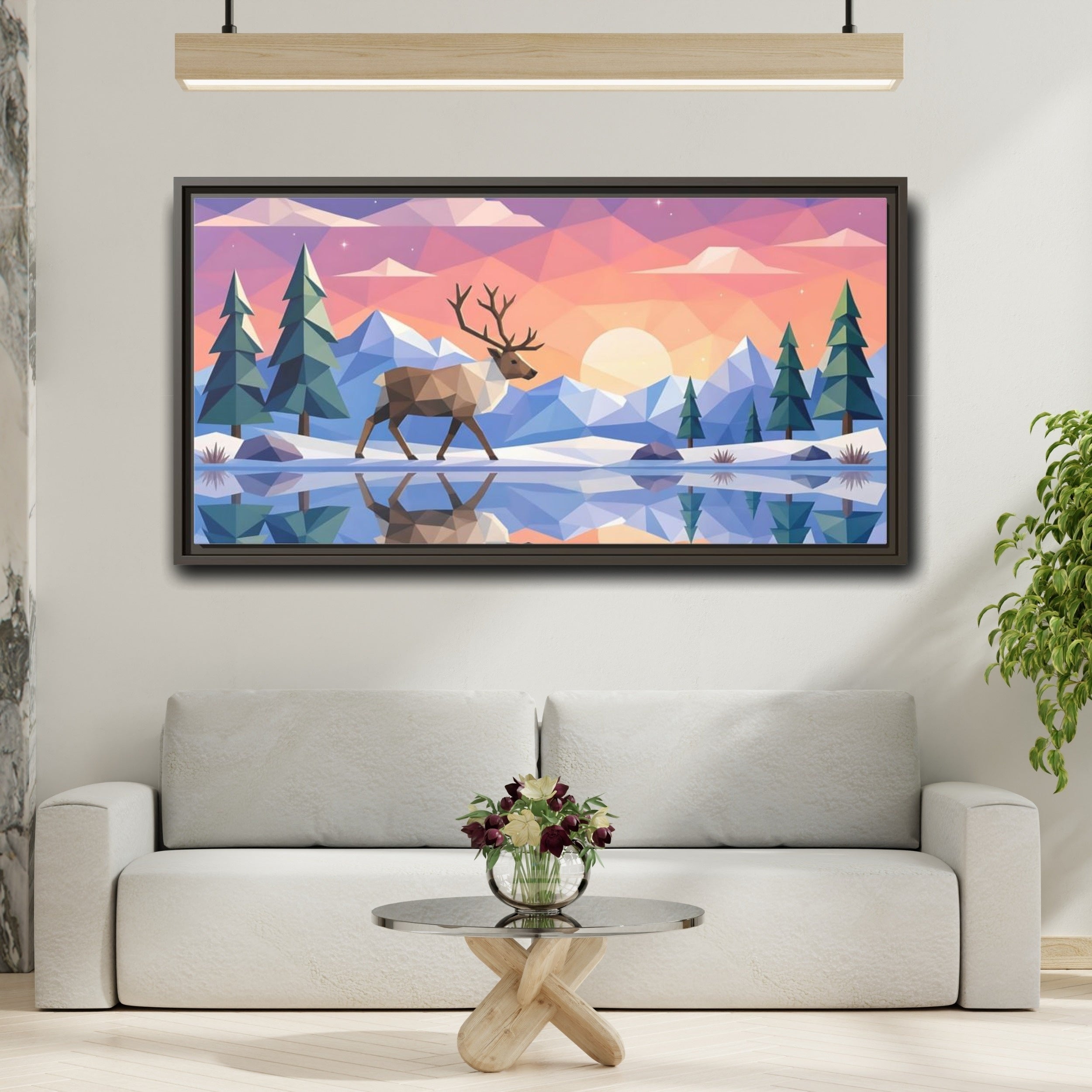 Mockup 2. Nature Deer Geometric Sunset Deer shown as stretched canvas wall art