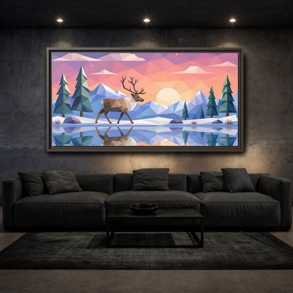 Mockup 3. Nature Deer Geometric Sunset Deer shown as stretched canvas wall art