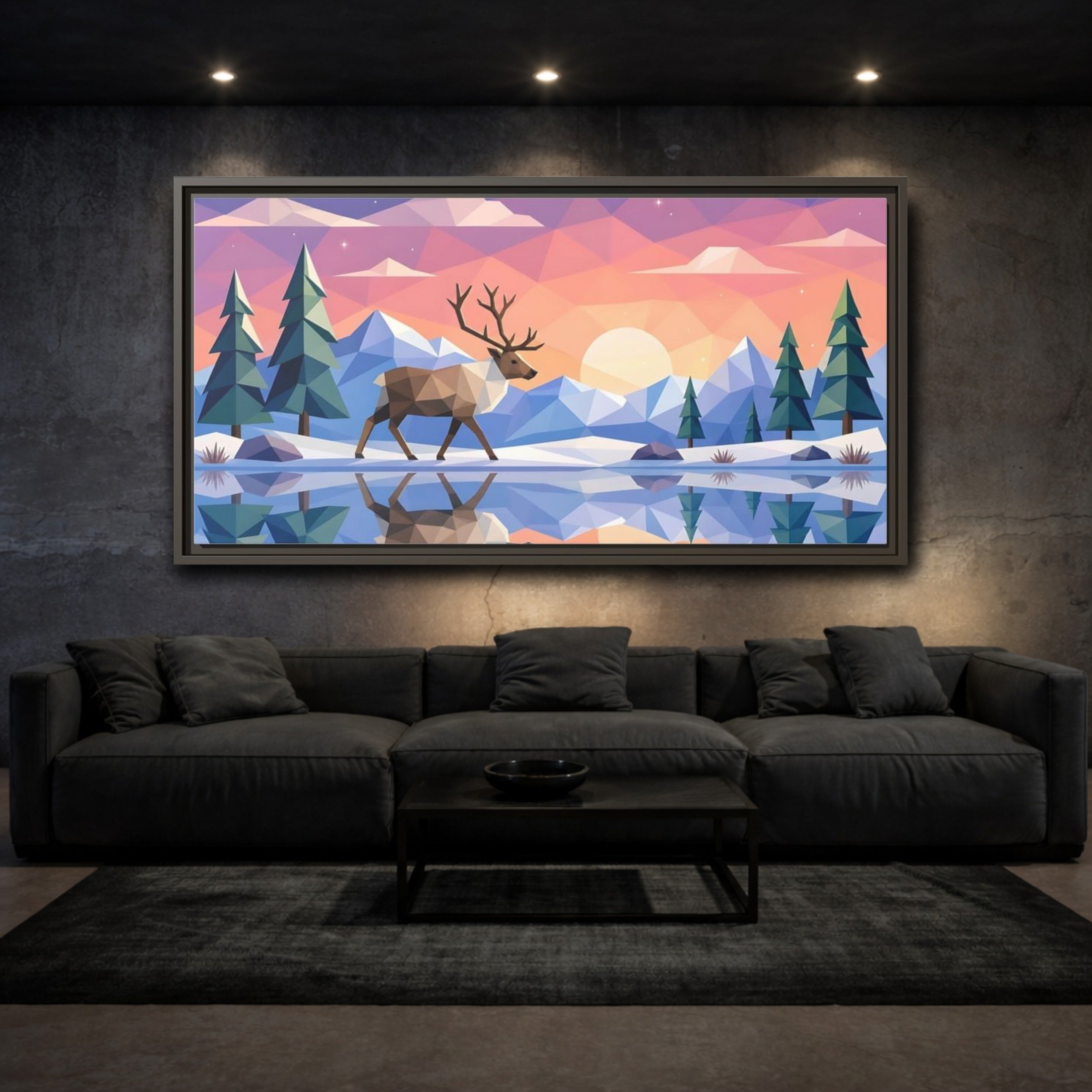 Mockup 3. Nature Deer Geometric Sunset Deer shown as stretched canvas wall art