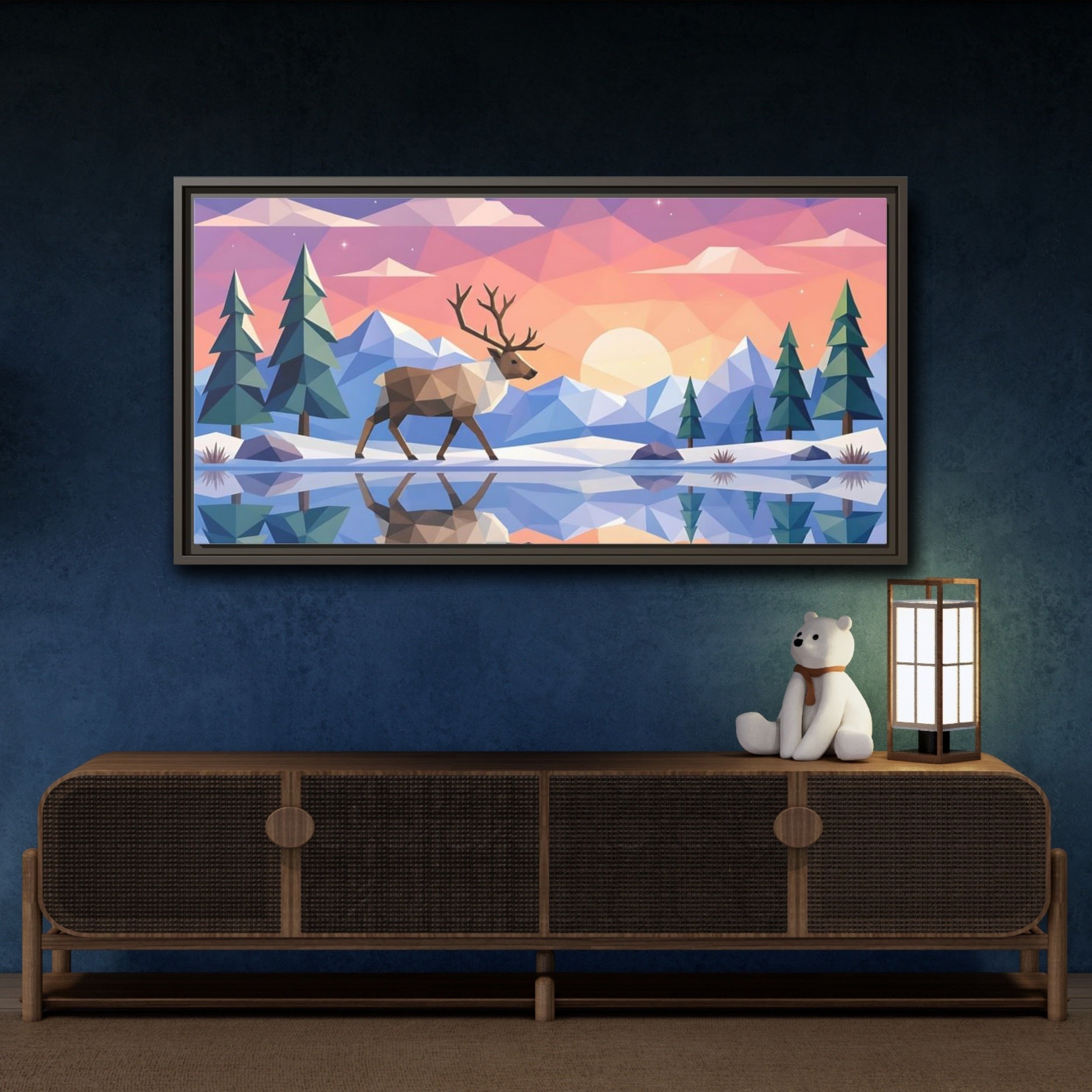 Mockup 4. Nature Deer Geometric Sunset Deer shown as stretched canvas wall art