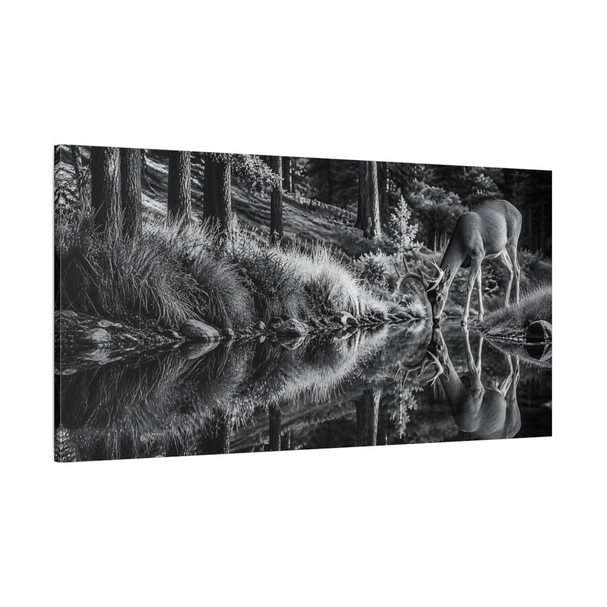 Side Mockup 2. Nature Deer Monochrome Deer shown as stretched canvas wall art