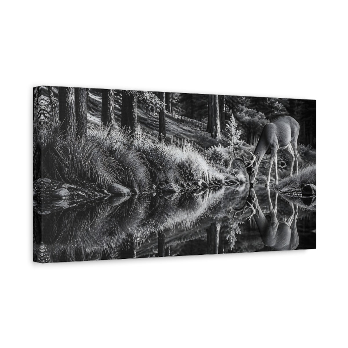 Side Mockup 3. Nature Deer Monochrome Deer shown as stretched canvas wall art