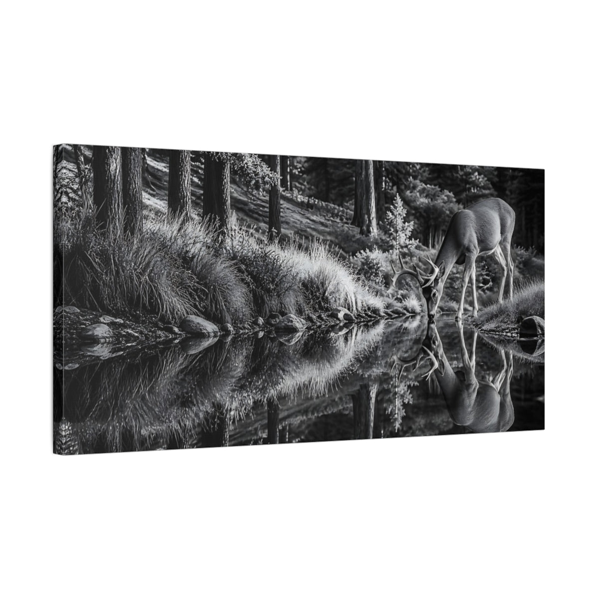 Side Mockup 1. Nature Deer Monochrome Deer shown as stretched canvas wall art