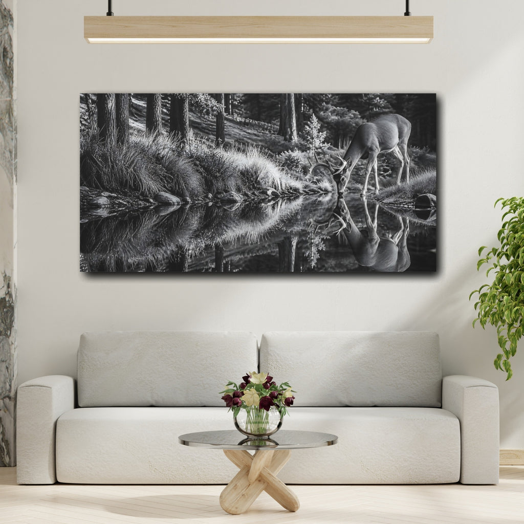Mockup 2. Nature Deer Monochrome Deer shown as stretched canvas wall art