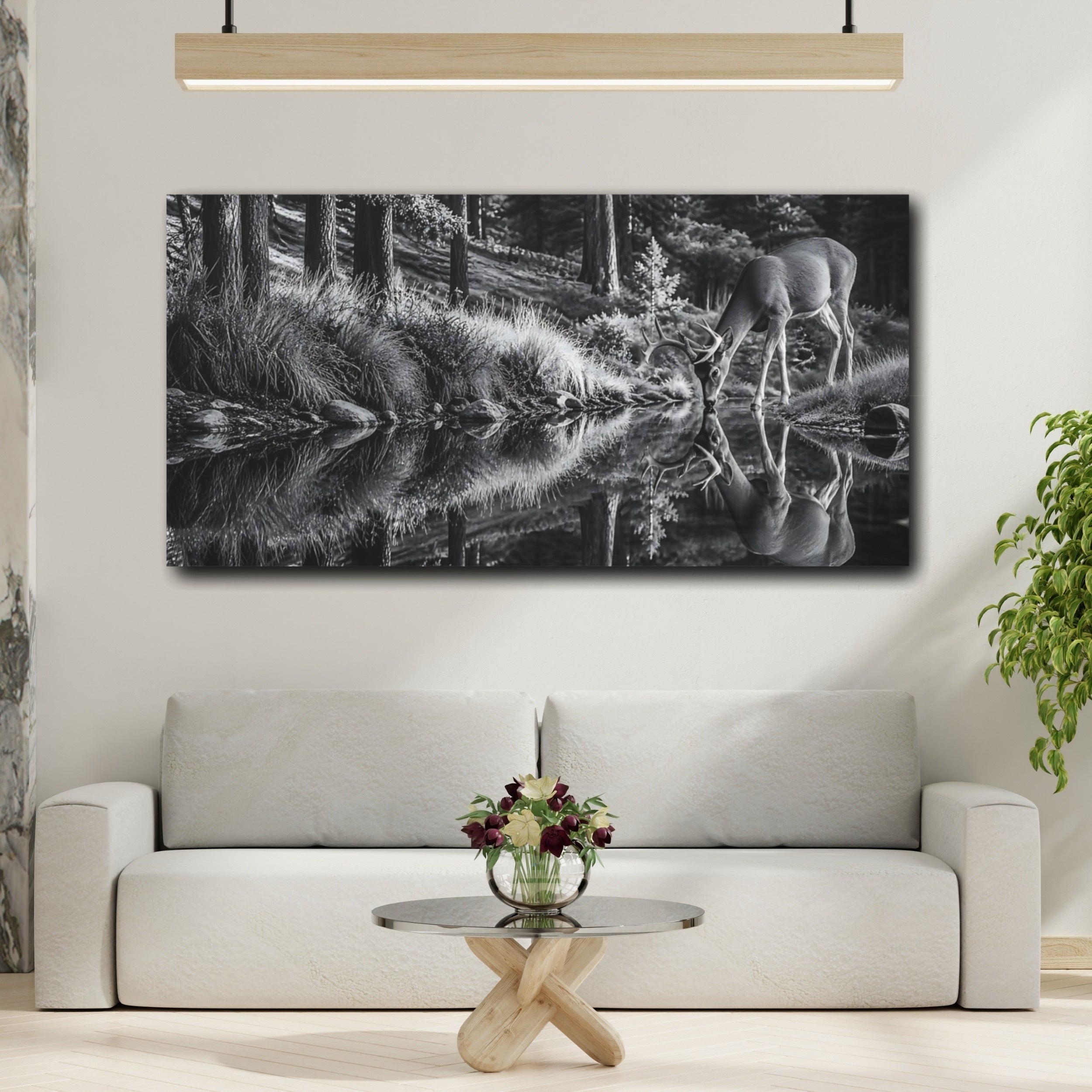 Mockup 2. Nature Deer Monochrome Deer shown as stretched canvas wall art