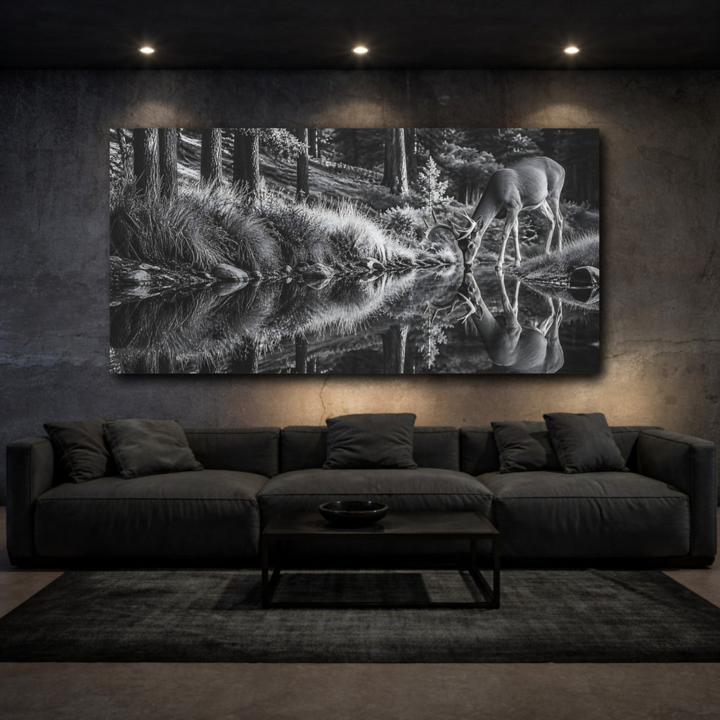Mockup 3. Nature Deer Monochrome Deer shown as stretched canvas wall art