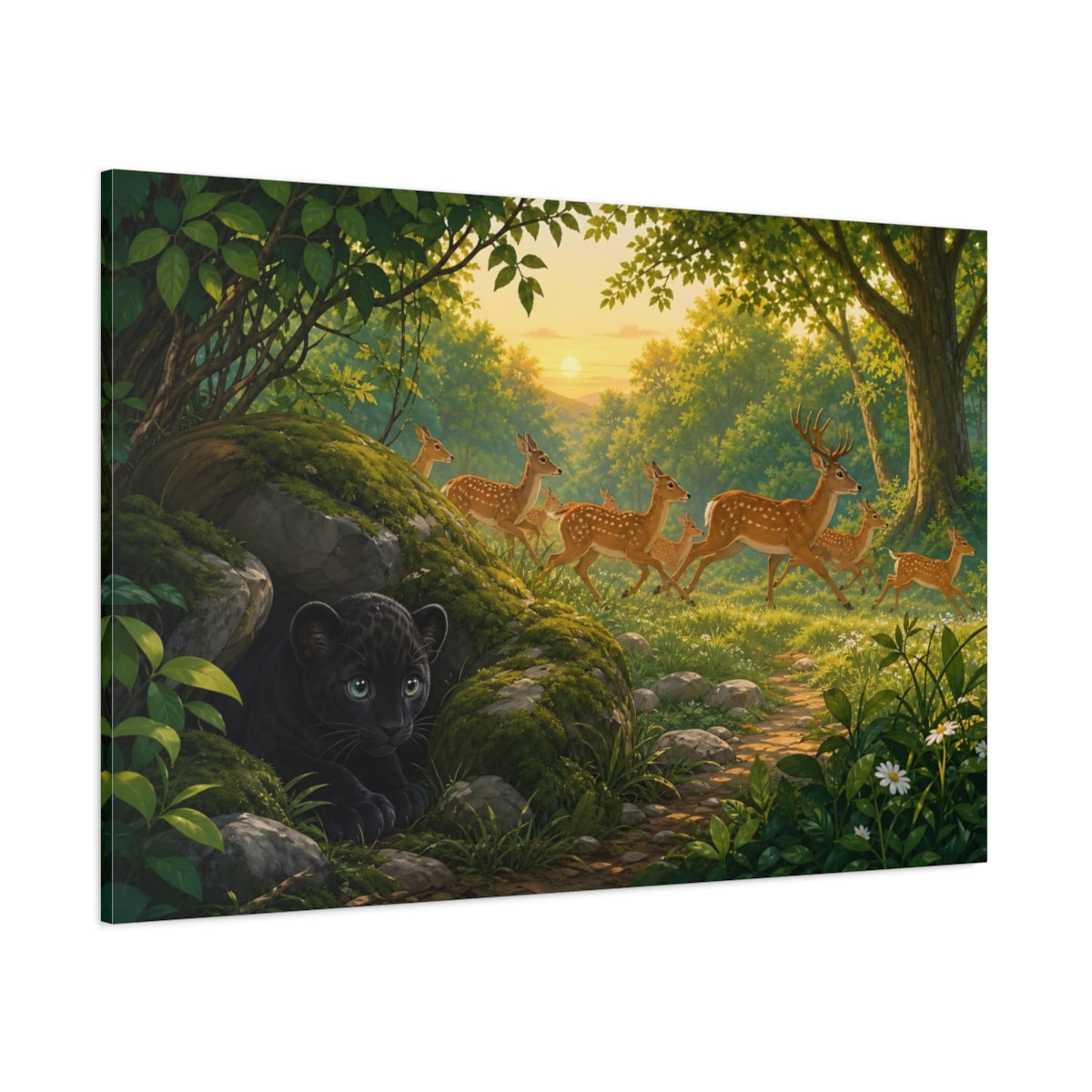Side Mockup 1. Nature Deer, Panther Cub Forest Animals Sunset shown as canvas print
