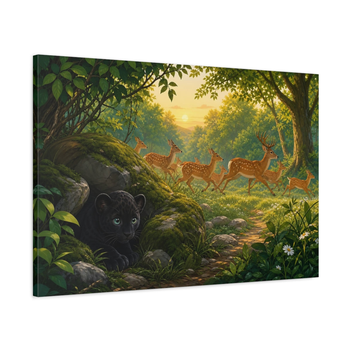 Main Mockup. Nature Deer, Panther Cub Forest Animals Sunset shown as canvas print
