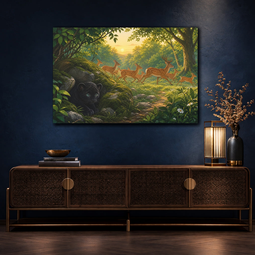 Mockup 4. Nature Deer, Panther Cub Forest Animals Sunset shown as canvas print