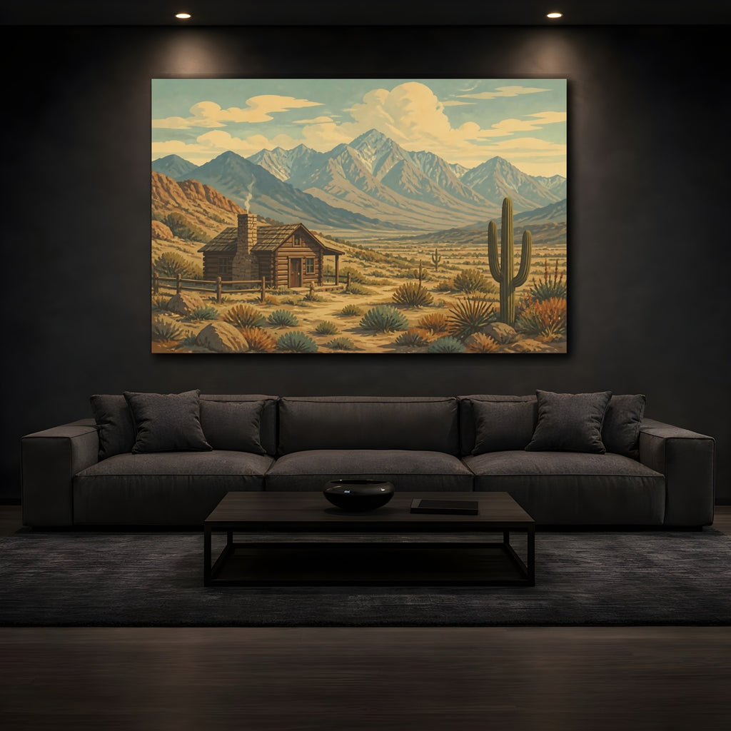 Mockup 3. Nature Desert Cabin Desert Landscape shown as canvas print