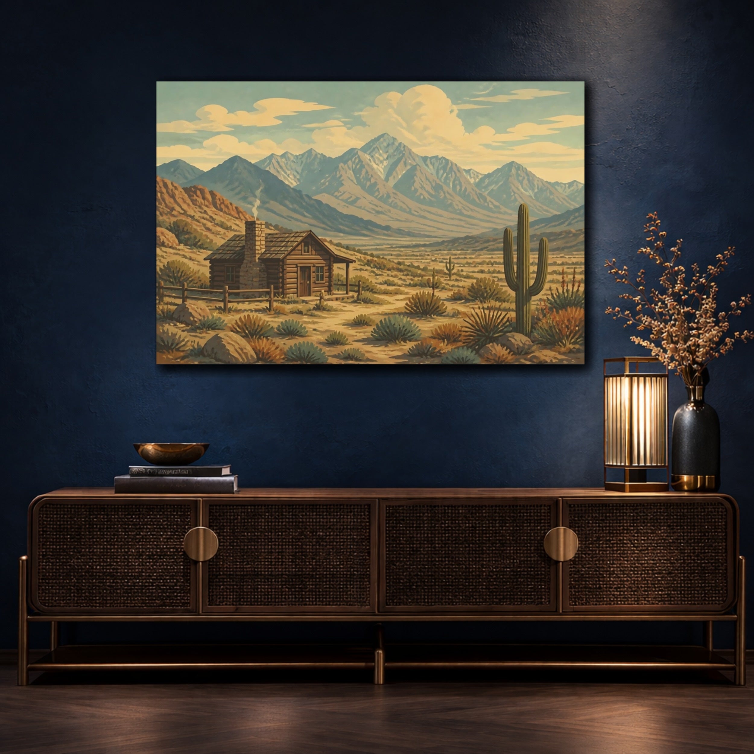Mockup 4. Nature Desert Cabin Desert Landscape shown as canvas print