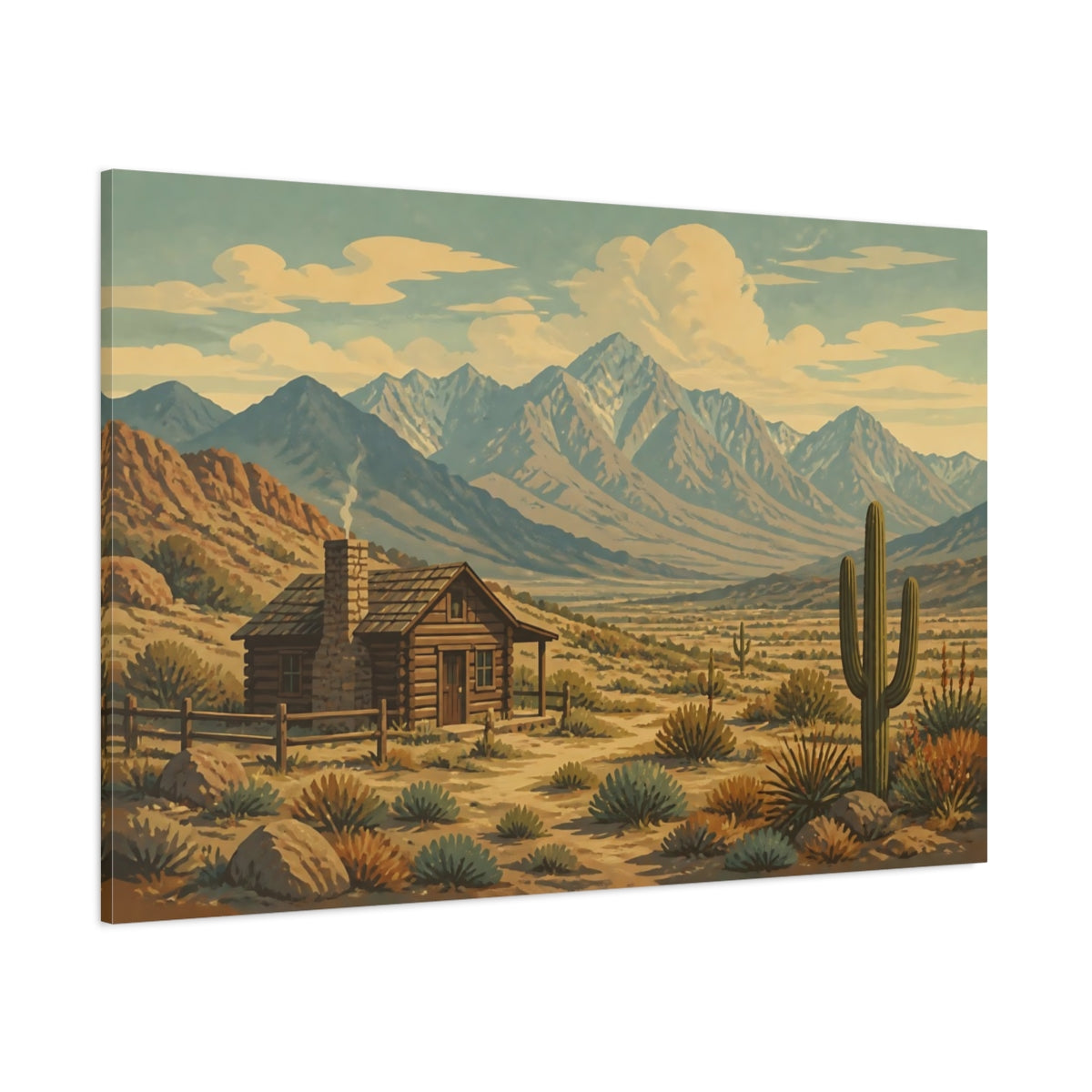 Side Mockup 1. Nature Desert Cabin Desert Landscape shown as canvas print