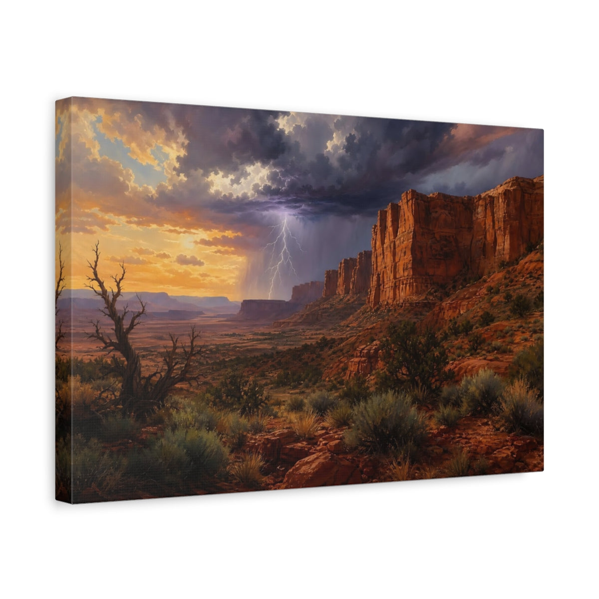 Side Mockup 4. Nature Desert Cliffs Desert Storm shown as stretched canvas wall art