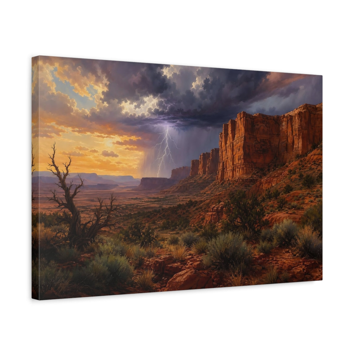 Side Mockup 3. Nature Desert Cliffs Desert Storm shown as stretched canvas wall art