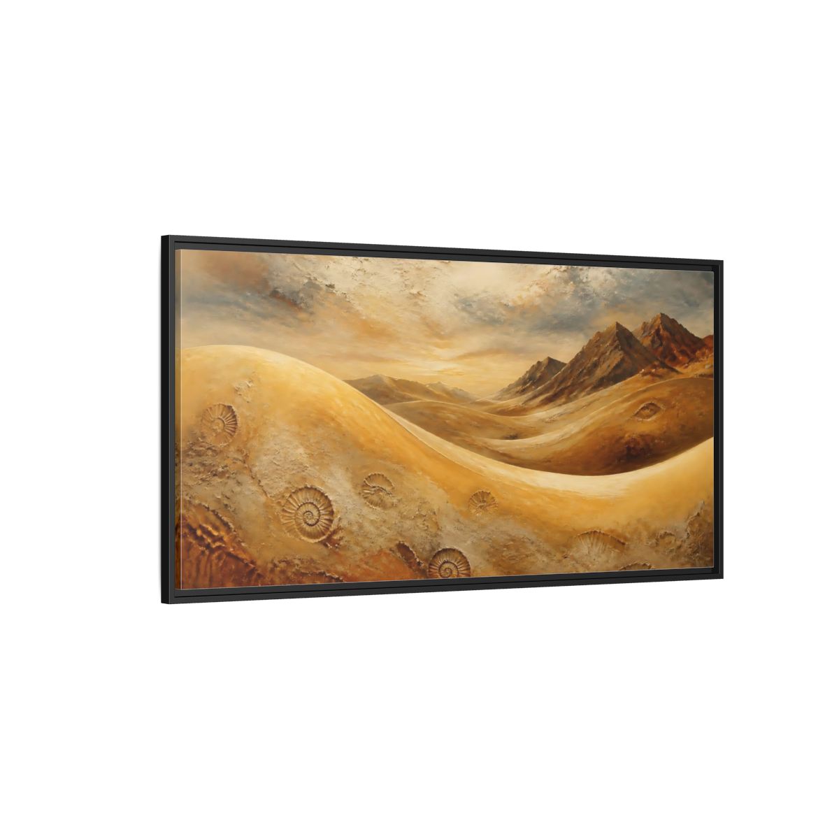 Side Mockup 5. Nature Desert Fossils Brown And Gold Landscape shown as stretched canvas wall art