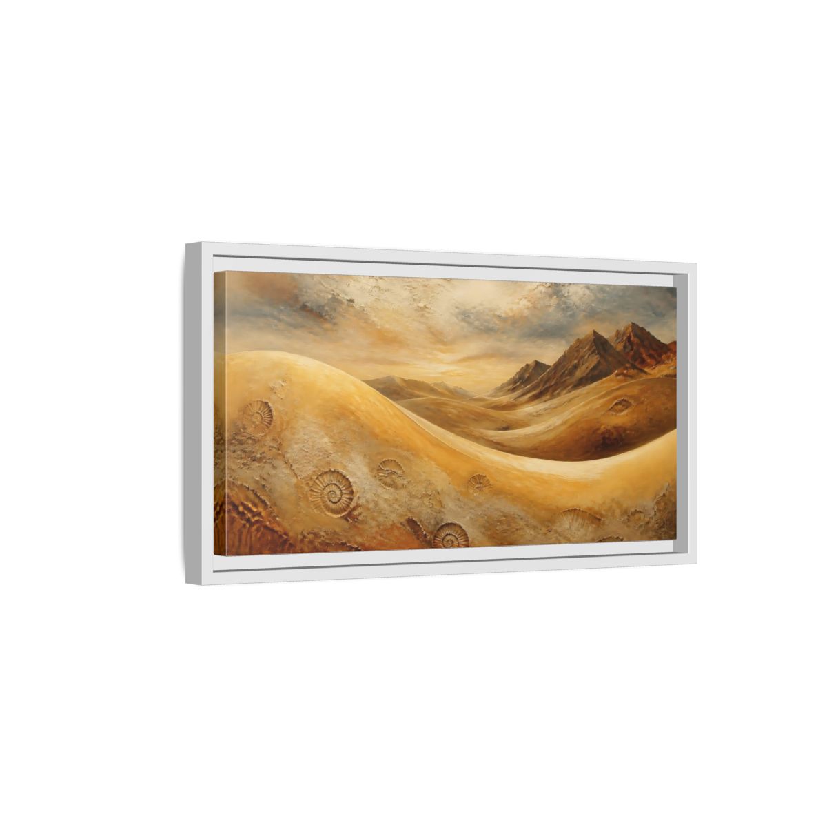 Side Mockup 6. Nature Desert Fossils Brown And Gold Landscape shown as stretched canvas wall art