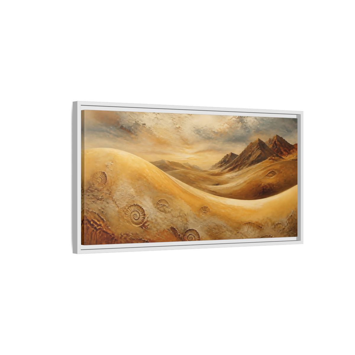 Side Mockup 1. Nature Desert Fossils Brown And Gold Landscape shown as stretched canvas wall art
