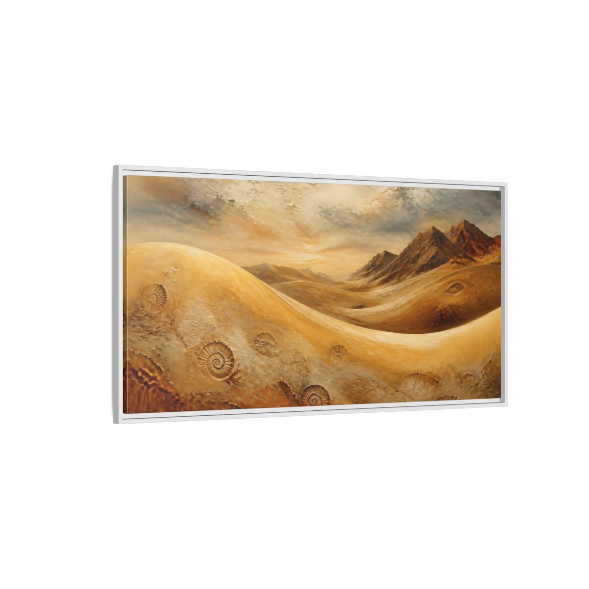 Side Mockup 3. Nature Desert Fossils Brown And Gold Landscape shown as stretched canvas wall art