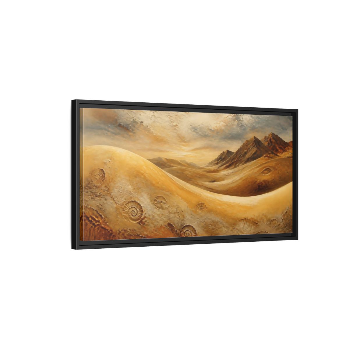 Side Mockup 2. Nature Desert Fossils Brown And Gold Landscape shown as stretched canvas wall art