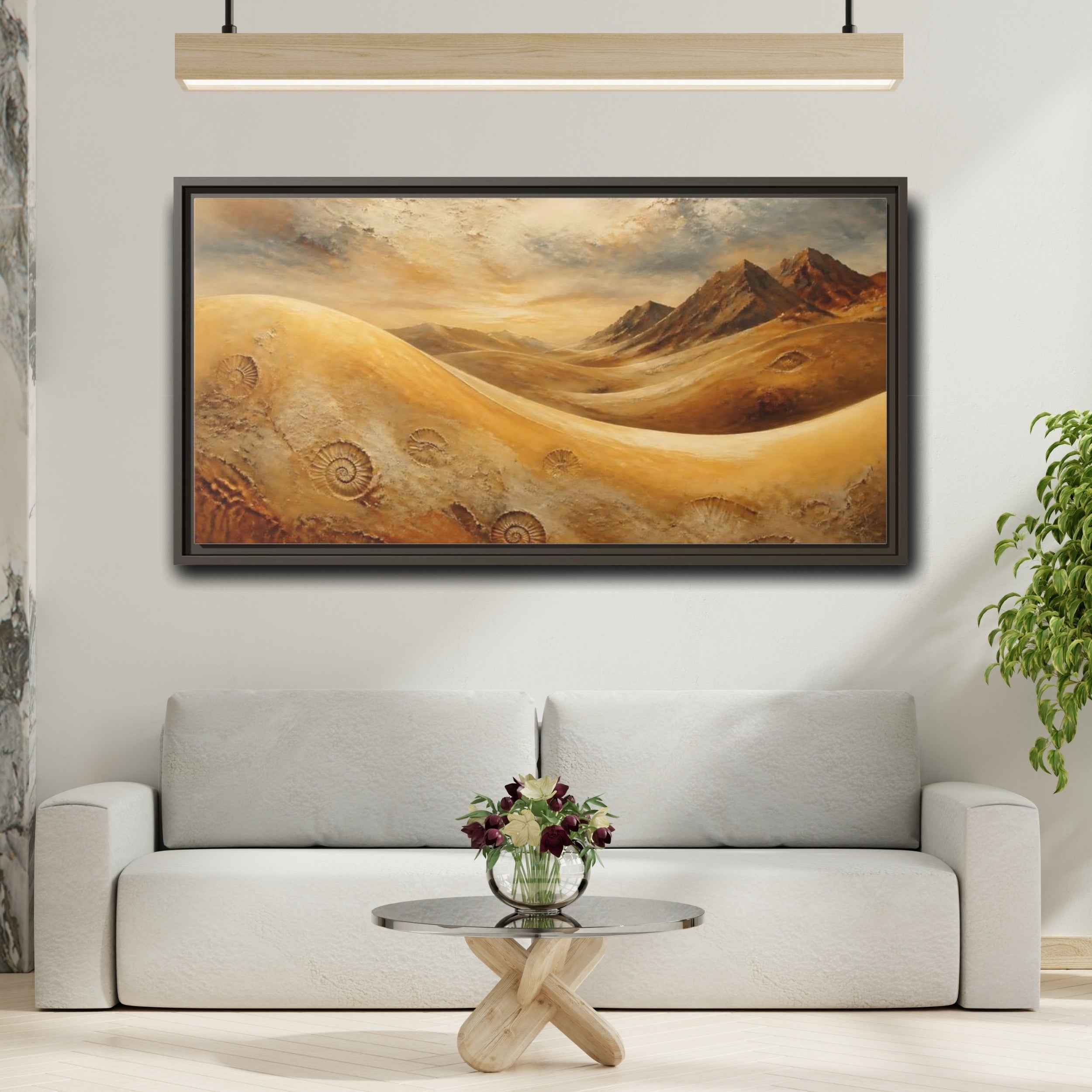 Mockup 2. Nature Desert Fossils Brown And Gold Landscape shown as stretched canvas wall art
