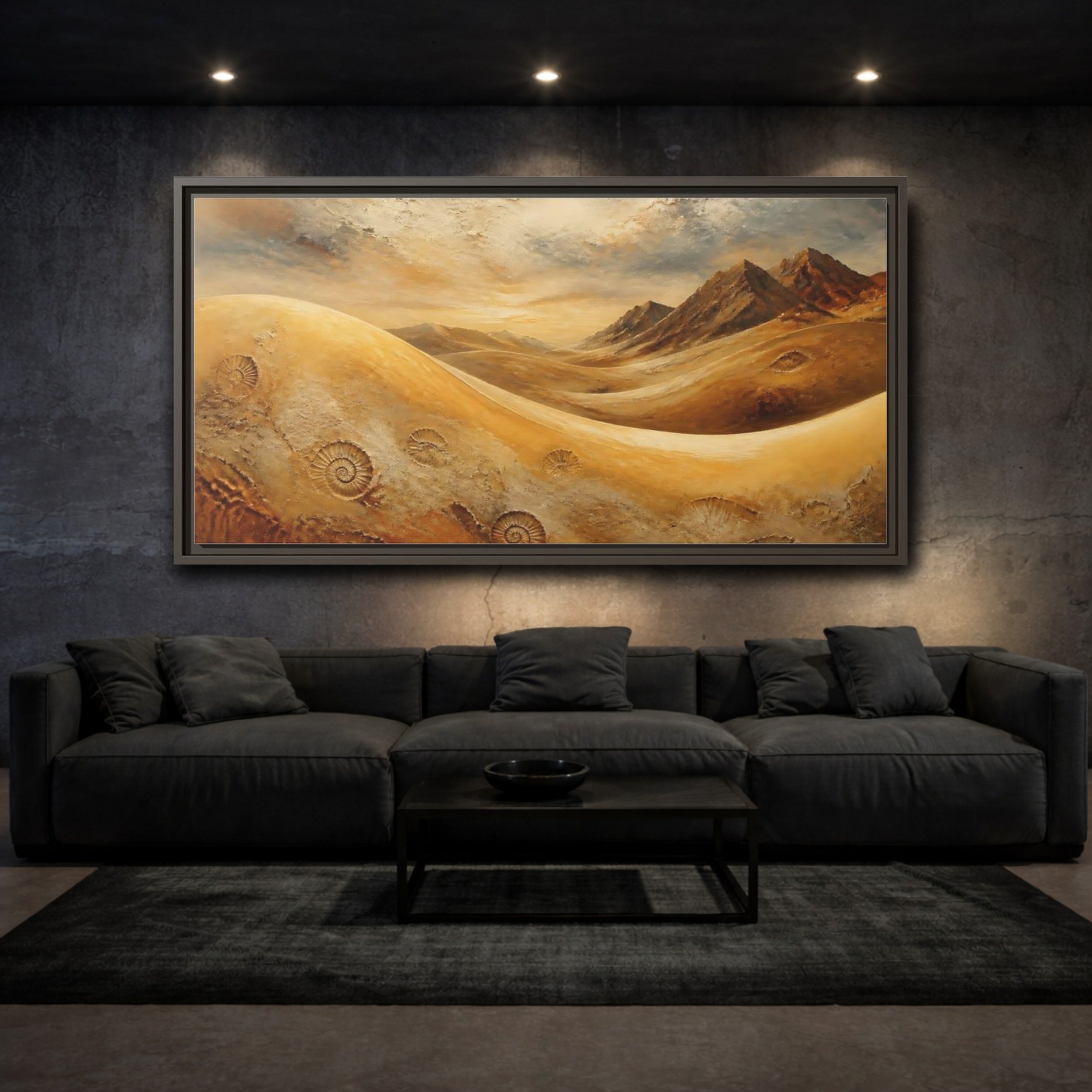 Mockup 3. Nature Desert Fossils Brown And Gold Landscape shown as stretched canvas wall art
