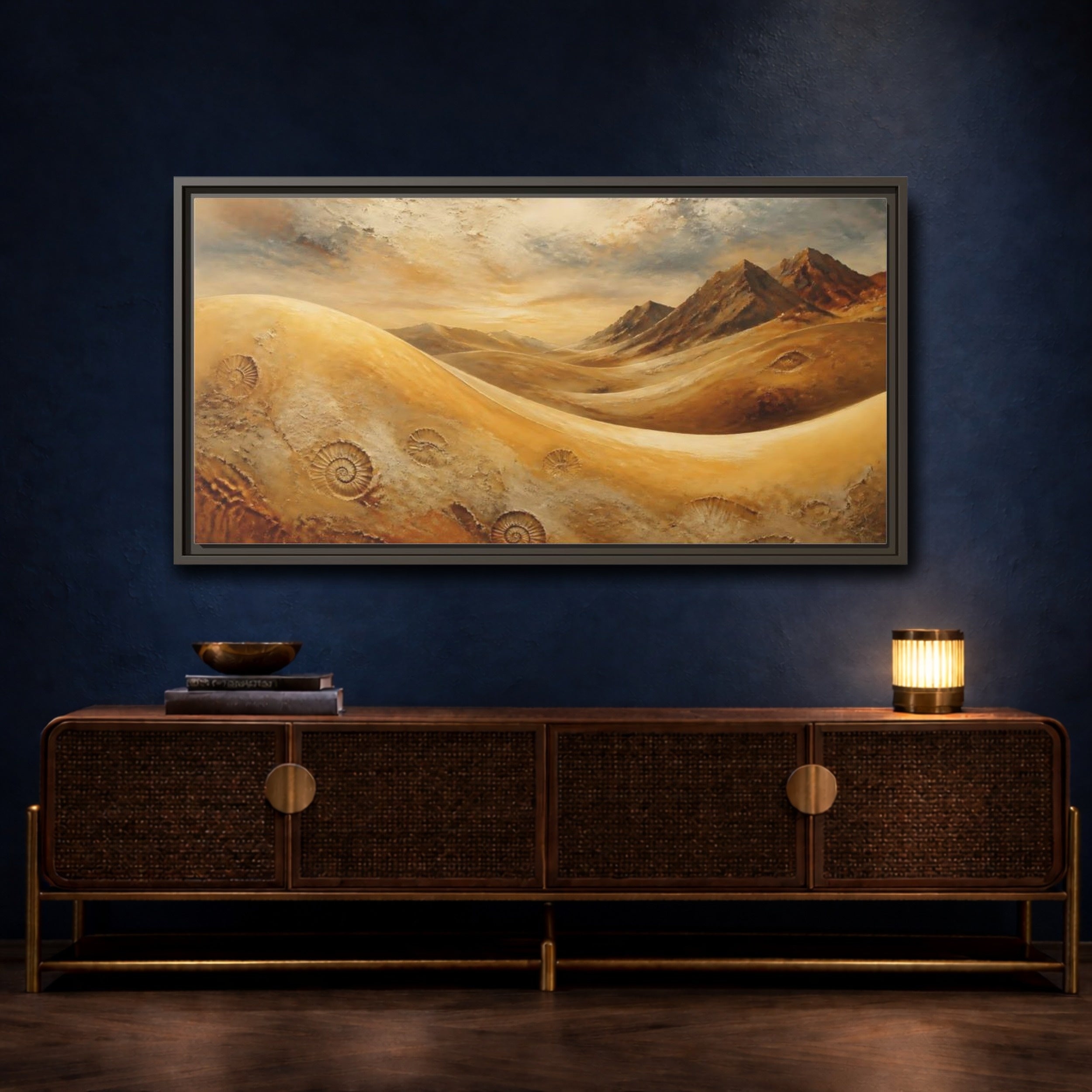 Mockup 4. Nature Desert Fossils Brown And Gold Landscape shown as stretched canvas wall art