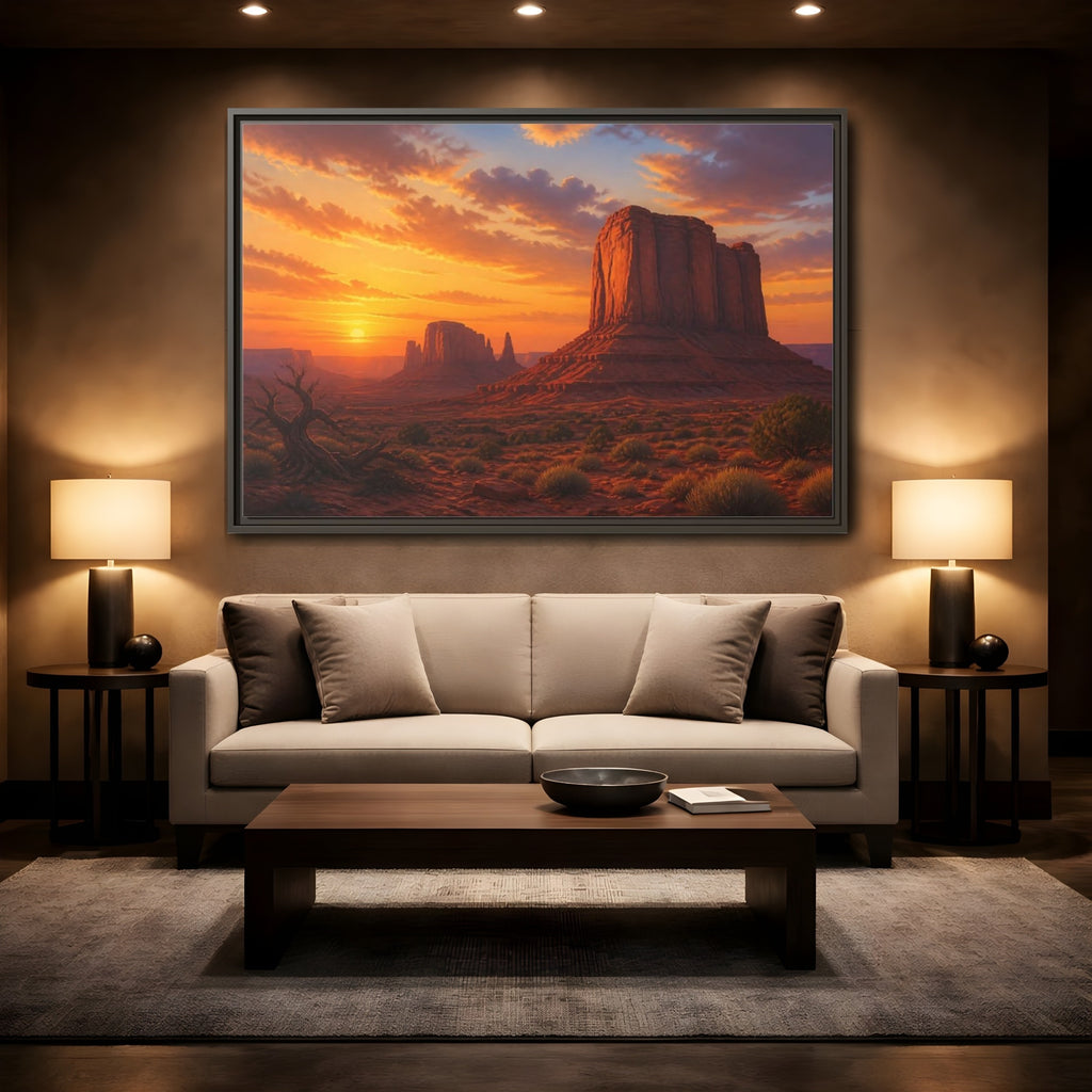 Mockup 2. Nature Desert Landscape Desert Sunset Orange shown as stretched canvas wall art