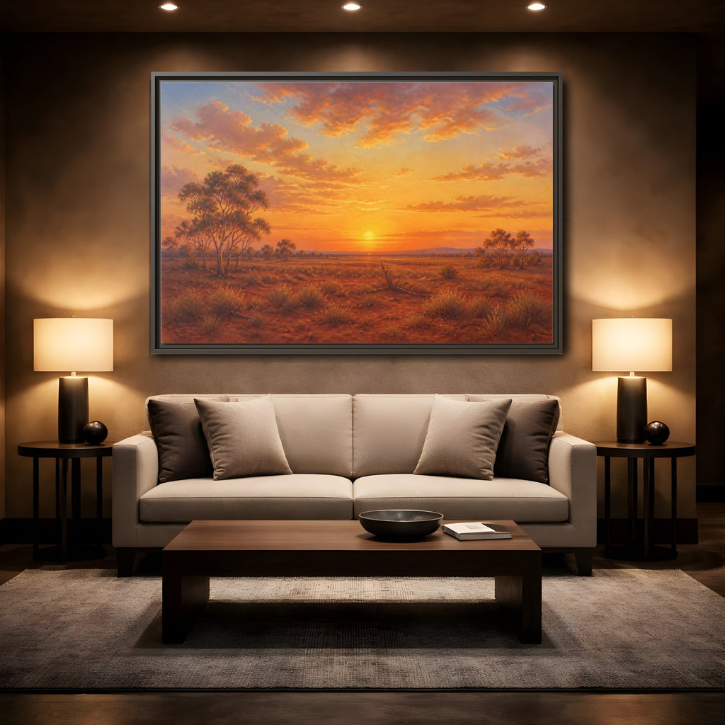 Mockup 2. Nature Desert Landscape Orange Sunset shown as stretched canvas wall art