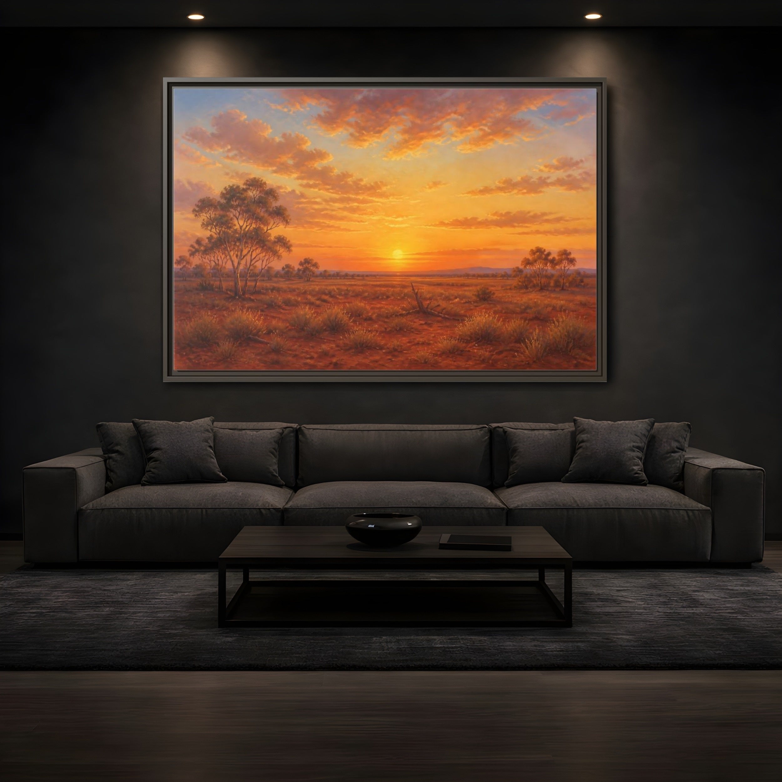 Mockup 3. Nature Desert Landscape Orange Sunset shown as stretched canvas wall art