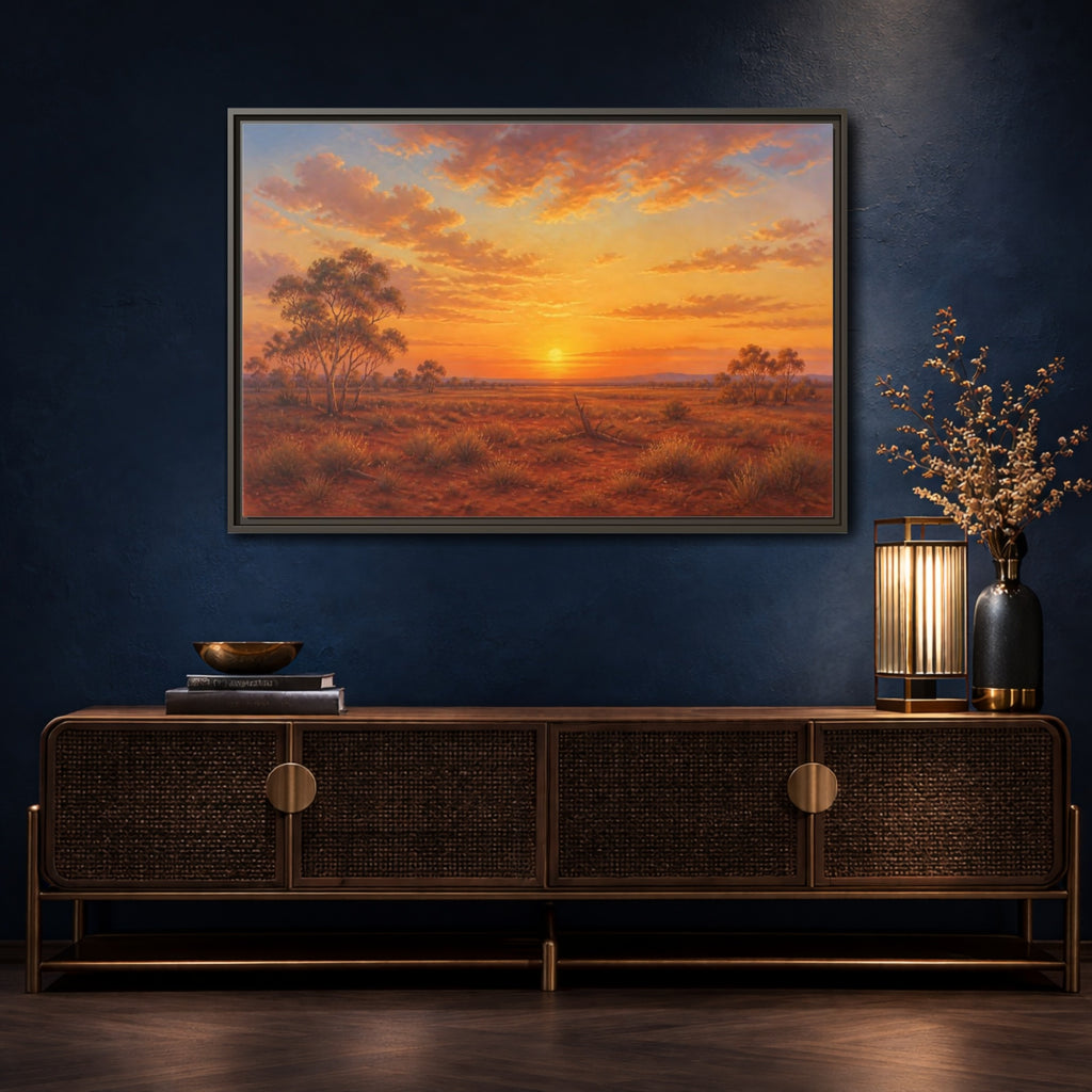 Mockup 4. Nature Desert Landscape Orange Sunset shown as stretched canvas wall art