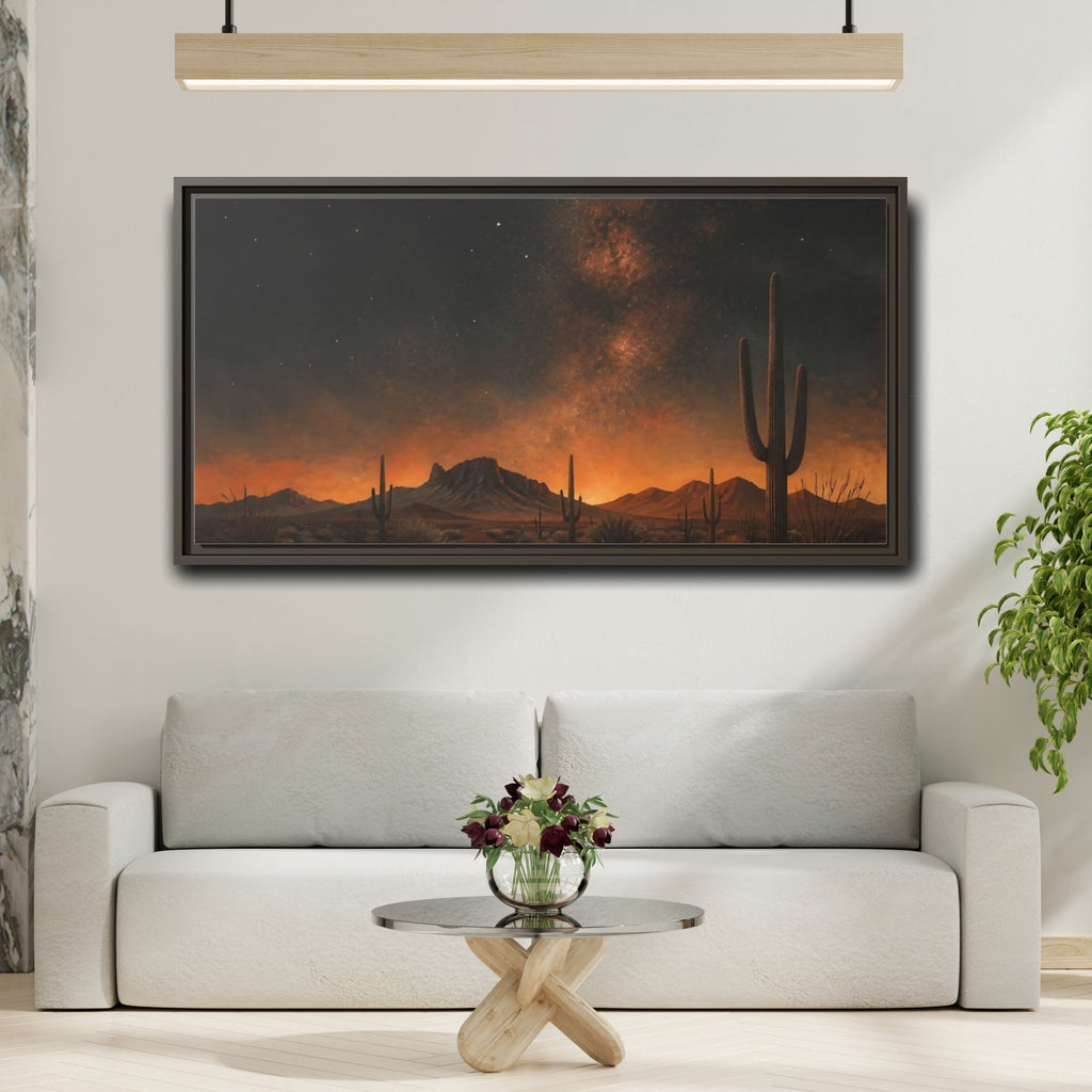 Mockup 2. Nature Desert Night Orange Black Desert shown as stretched canvas wall art