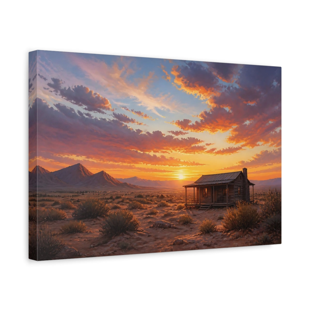 Side Mockup 4. Nature Desert Sunset Orange Sunset Cabin shown as stretched canvas wall art