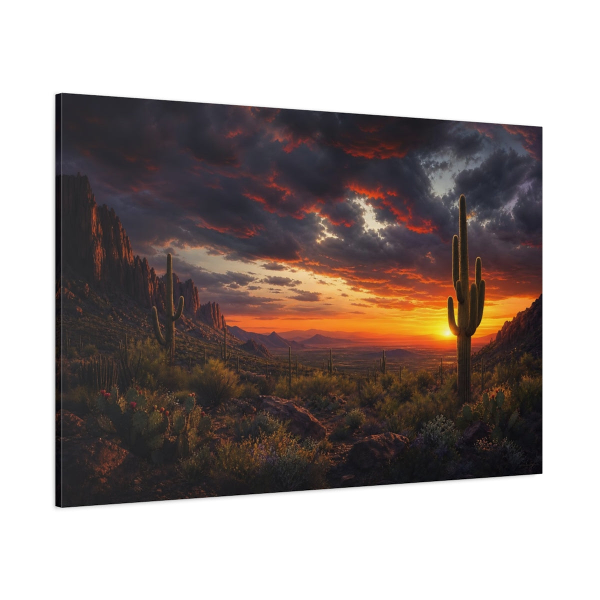 Side Mockup 1. Nature Desert Sunset Orange Desert Sunset shown as stretched canvas wall art
