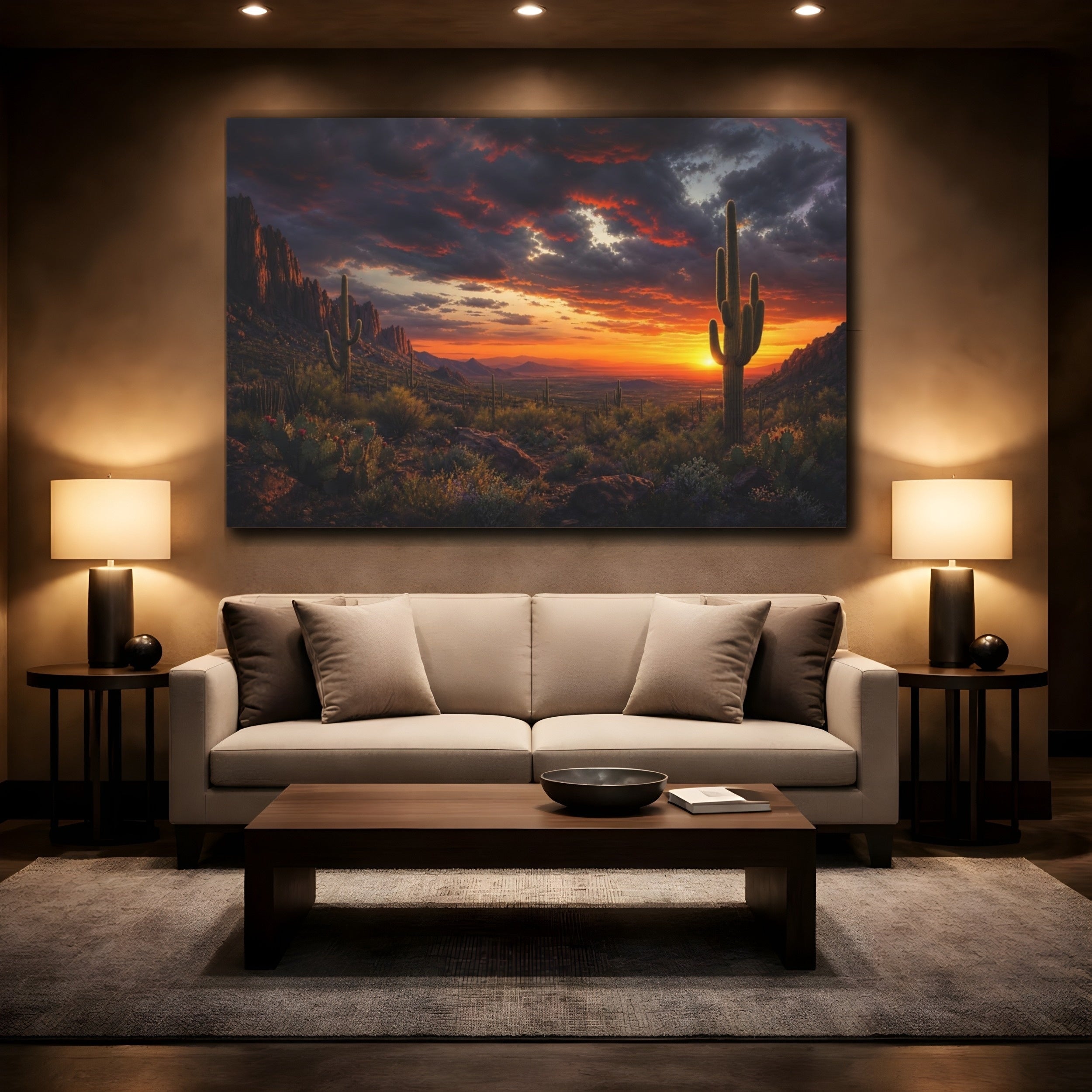 Mockup 2. Nature Desert Sunset Orange Desert Sunset shown as stretched canvas wall art