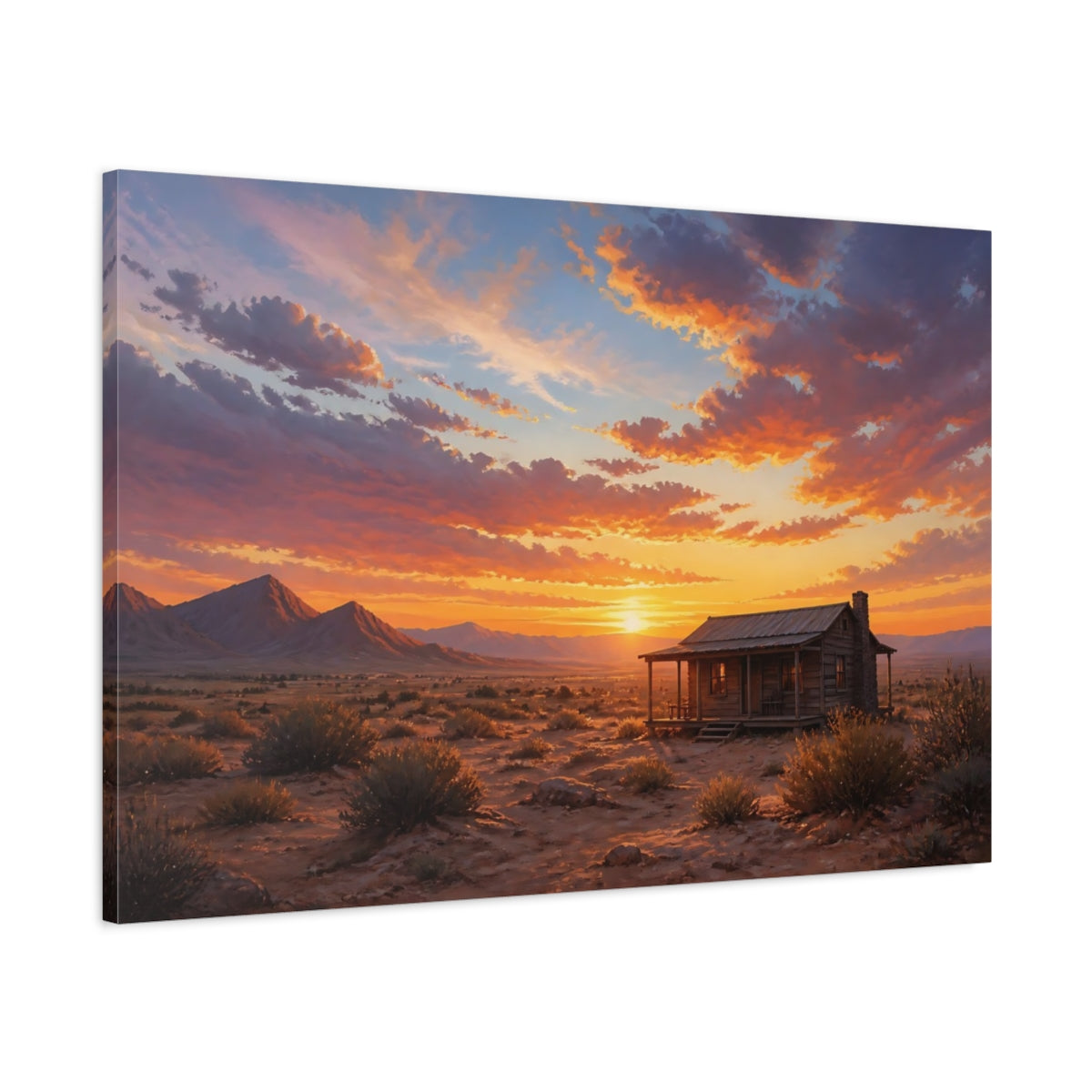 Main Mockup. Nature Desert Sunset Orange Sunset Cabin shown as stretched canvas wall art