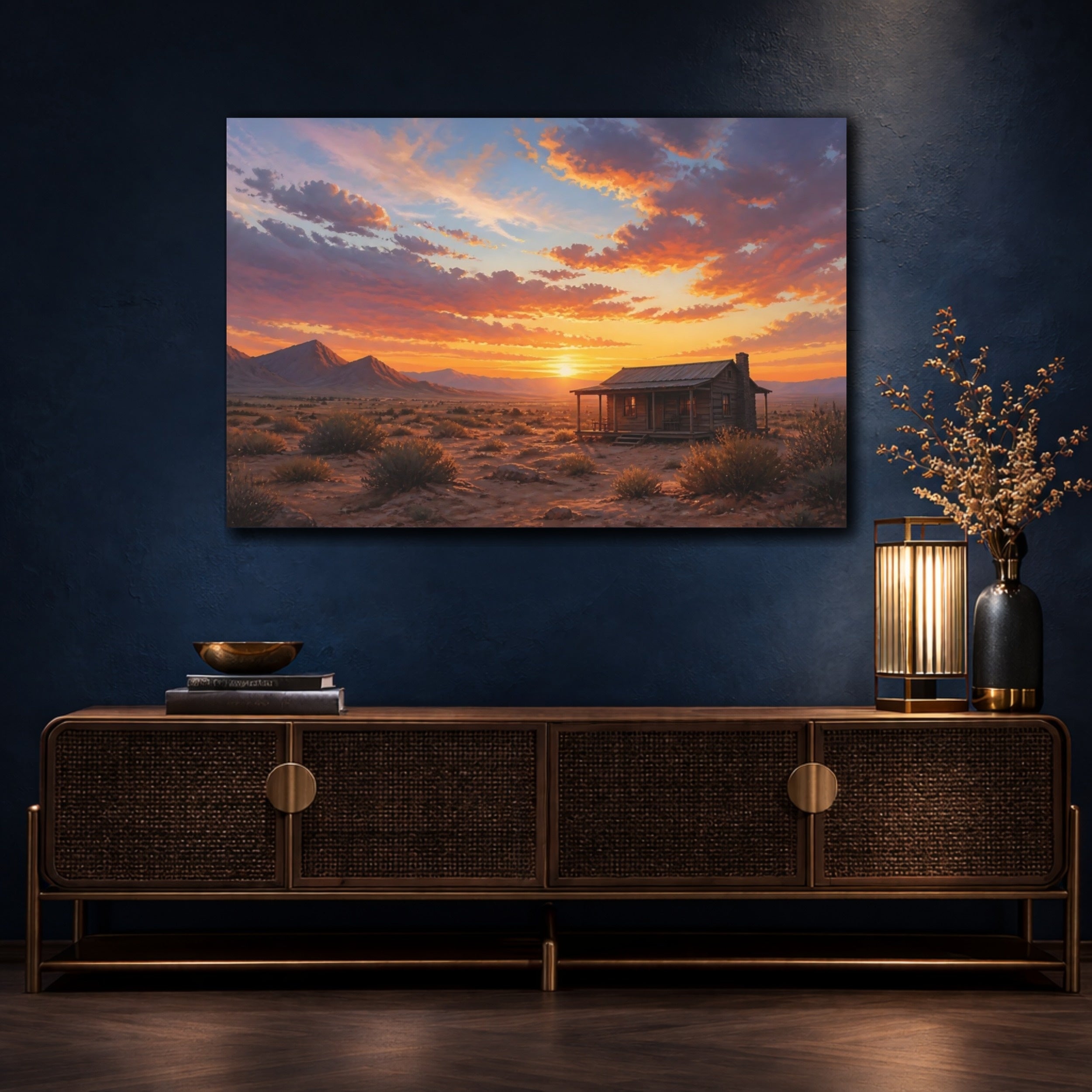 Mockup 4. Nature Desert Sunset Orange Sunset Cabin shown as stretched canvas wall art