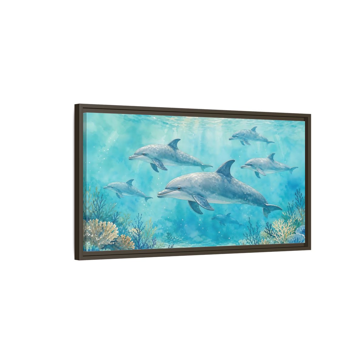 Main Mockup. Nature Dolphins Blue Dolphins shown as stretched canvas wall art