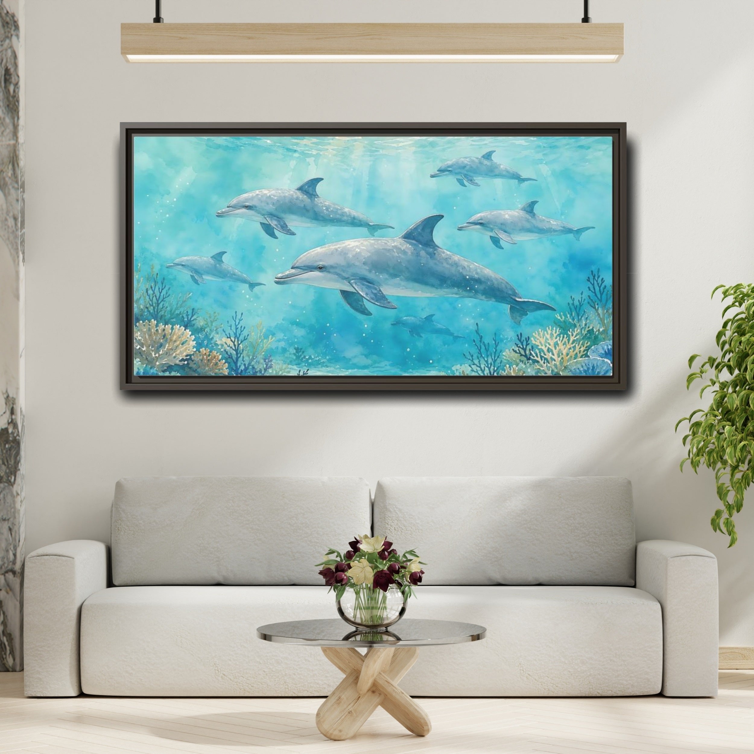 Mockup 2. Nature Dolphins Blue Dolphins shown as stretched canvas wall art