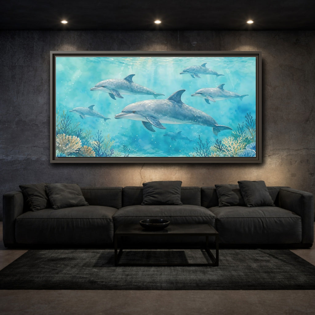 Mockup 3. Nature Dolphins Blue Dolphins shown as stretched canvas wall art