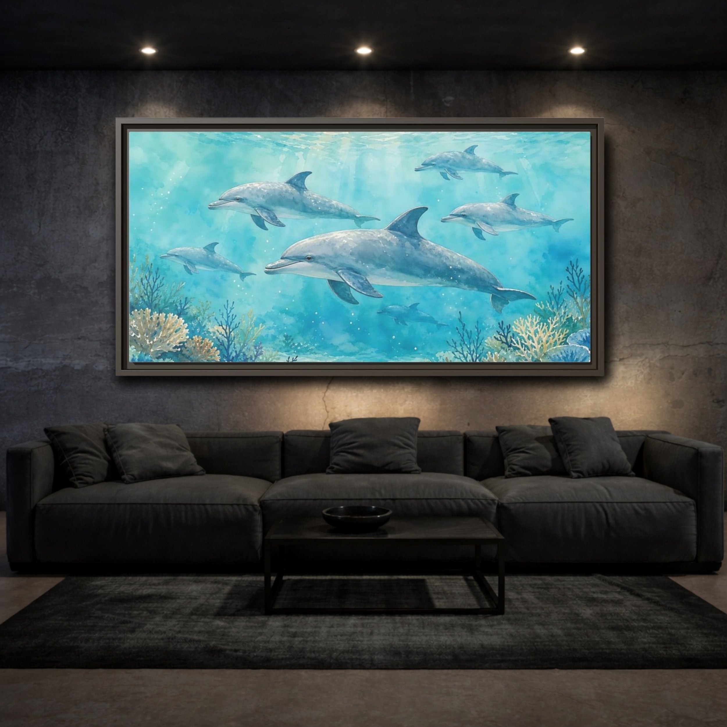 Mockup 3. Nature Dolphins Blue Dolphins shown as stretched canvas wall art