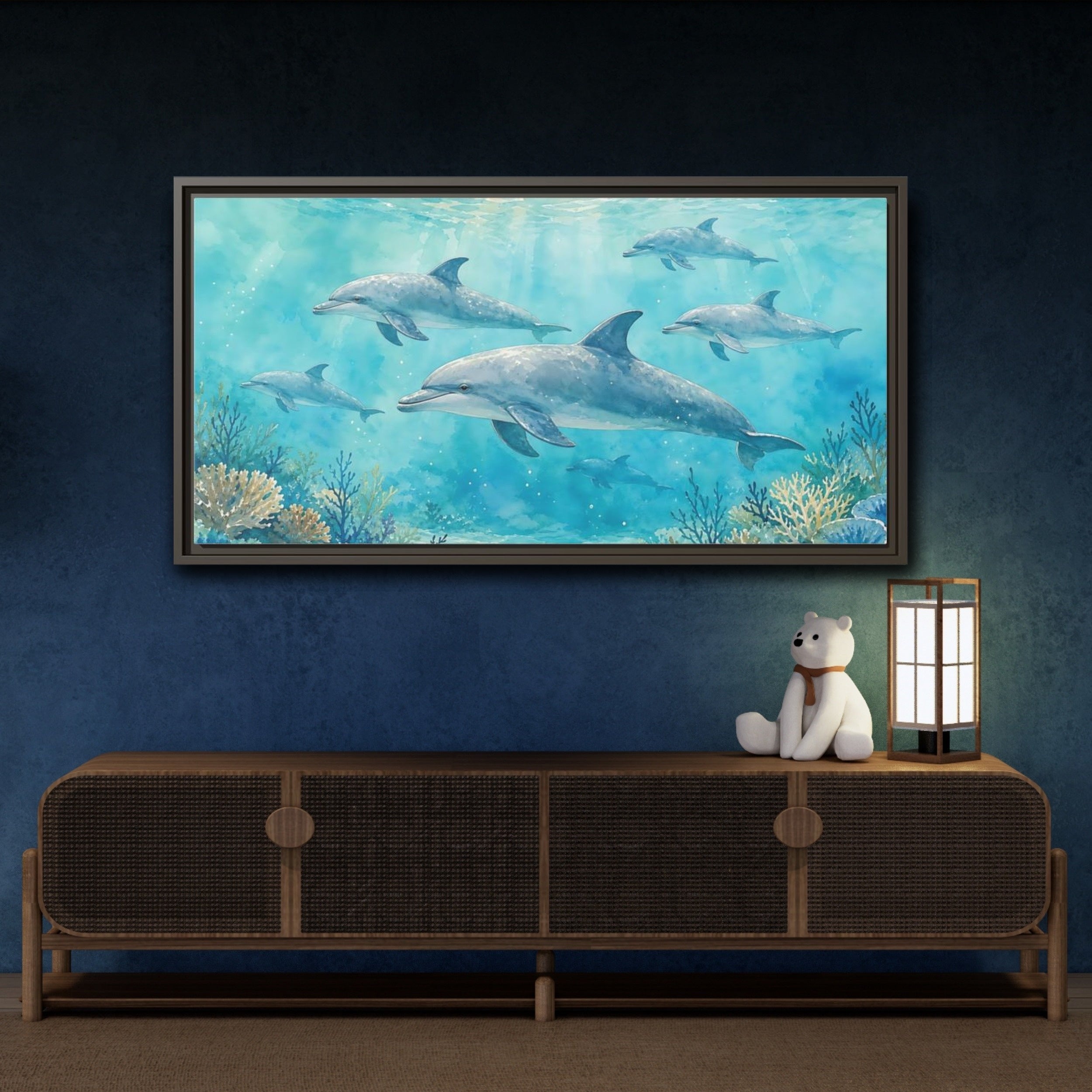 Mockup 4. Nature Dolphins Blue Dolphins shown as stretched canvas wall art