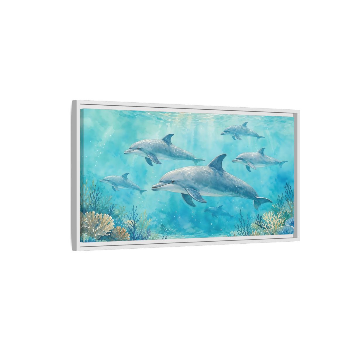 Side Mockup 1. Nature Dolphins Blue Dolphins shown as stretched canvas wall art