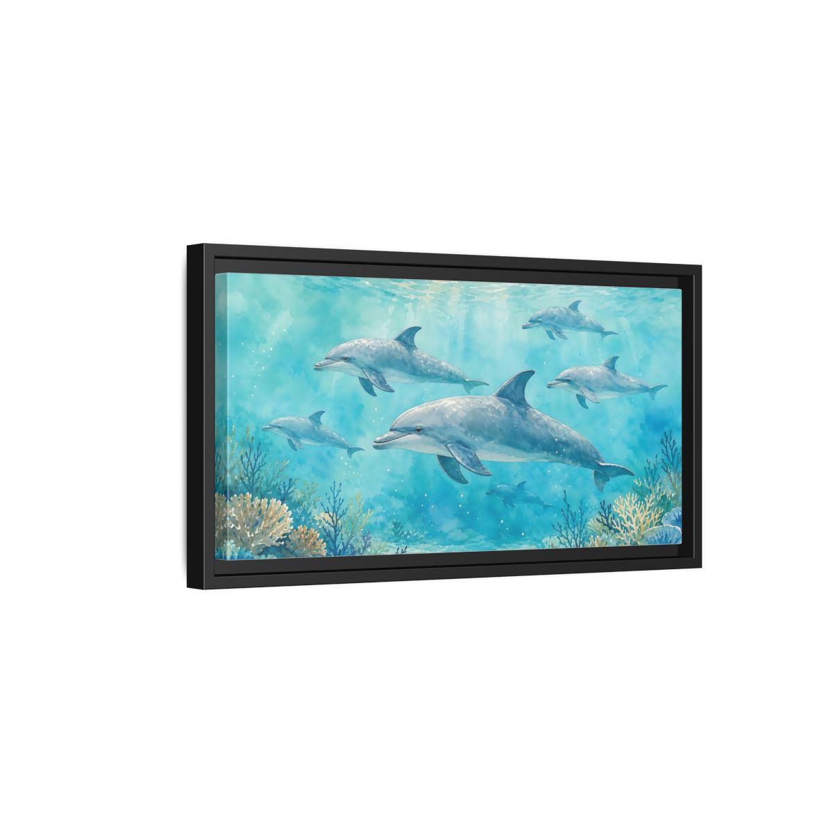 Side Mockup 8. Nature Dolphins Blue Dolphins shown as stretched canvas wall art