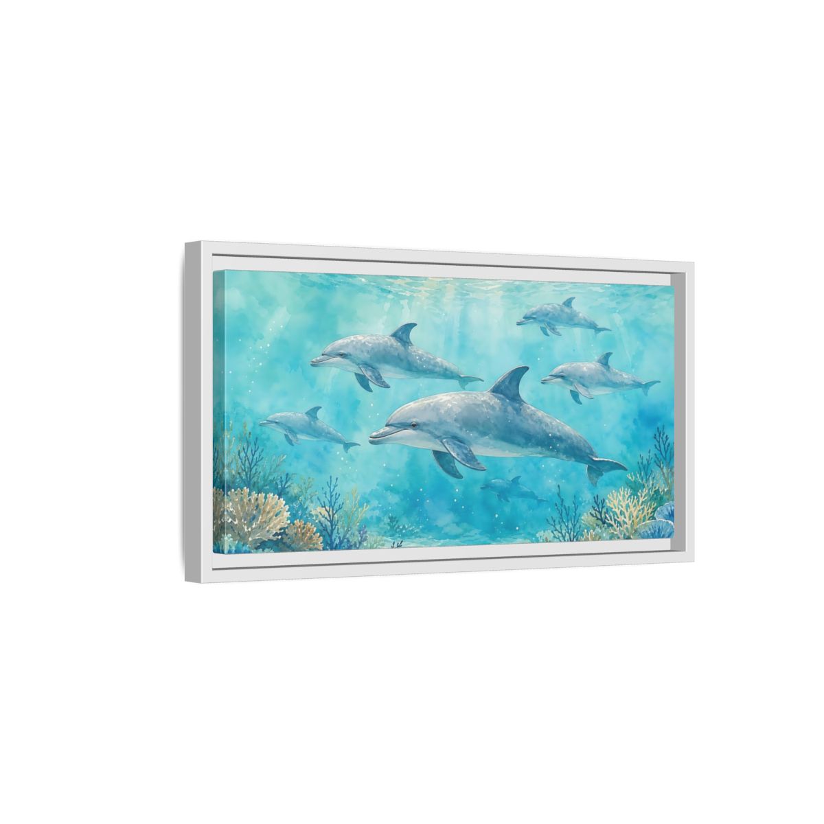 Side Mockup 6. Nature Dolphins Blue Dolphins shown as stretched canvas wall art