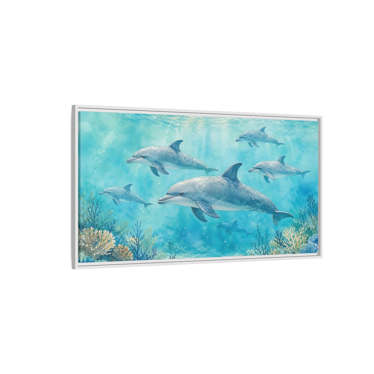 Side Mockup 3. Nature Dolphins Blue Dolphins shown as stretched canvas wall art