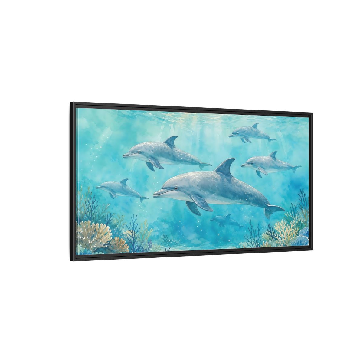 Side Mockup 5. Nature Dolphins Blue Dolphins shown as stretched canvas wall art